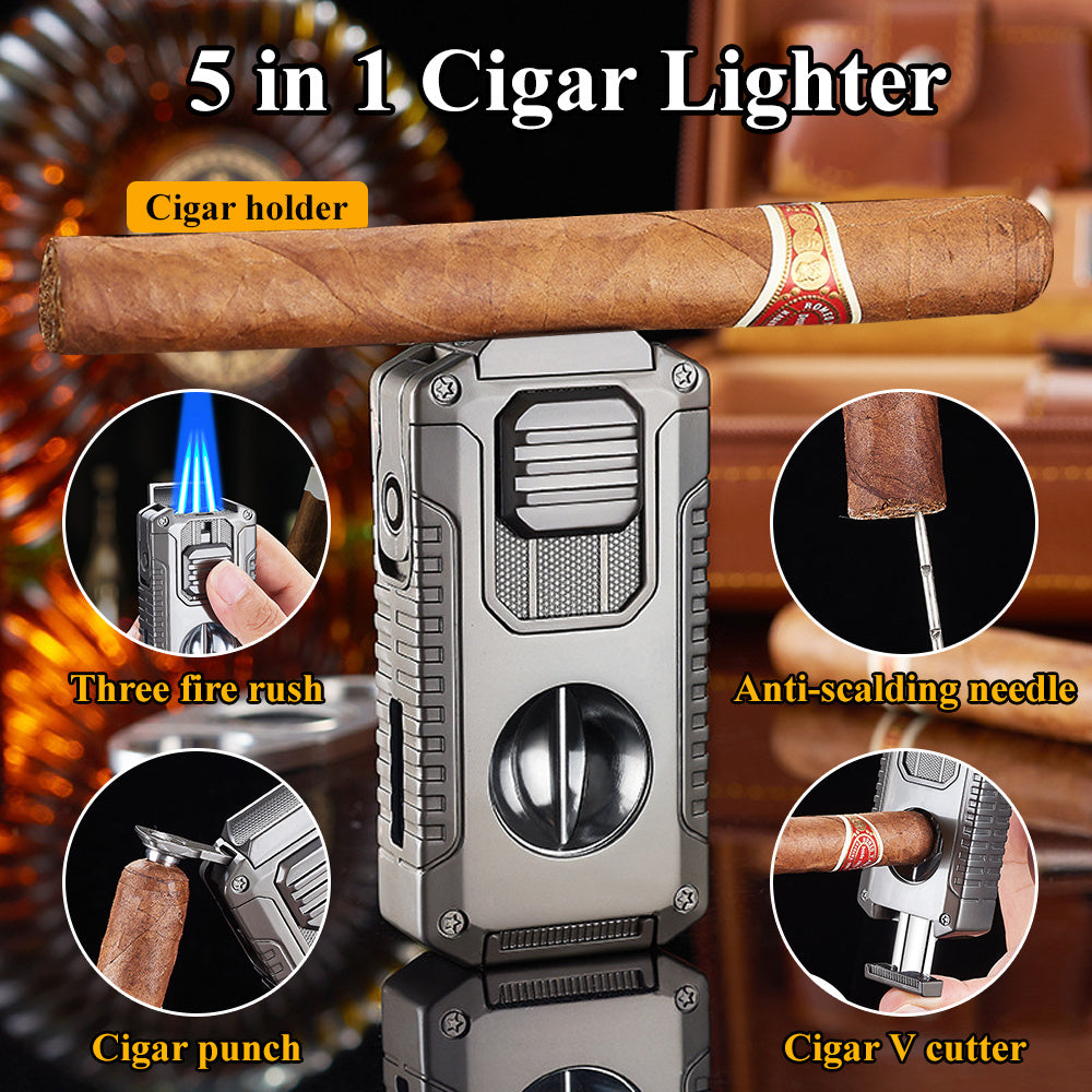5-in-1 Refillable Butane Triple Jet Flame Cigar Lighter