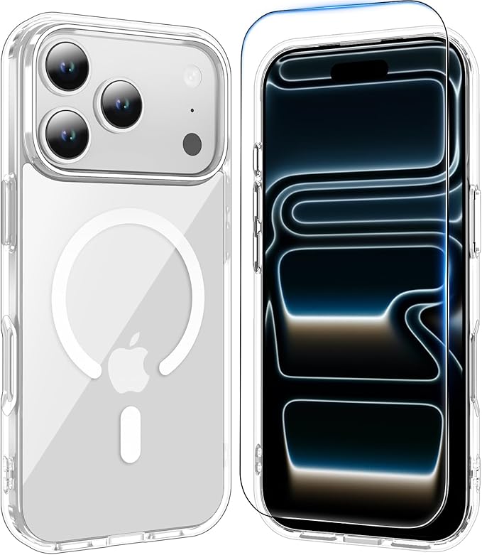 Temdan for iPhone 17 Pro Max Case Clear with Screen Protector, [Compatible with Magsafe][Anti-Yellowing][Military-Grade Protection] Shockproof Slim Magnetic Phone Case 6.9 inch, Transparent