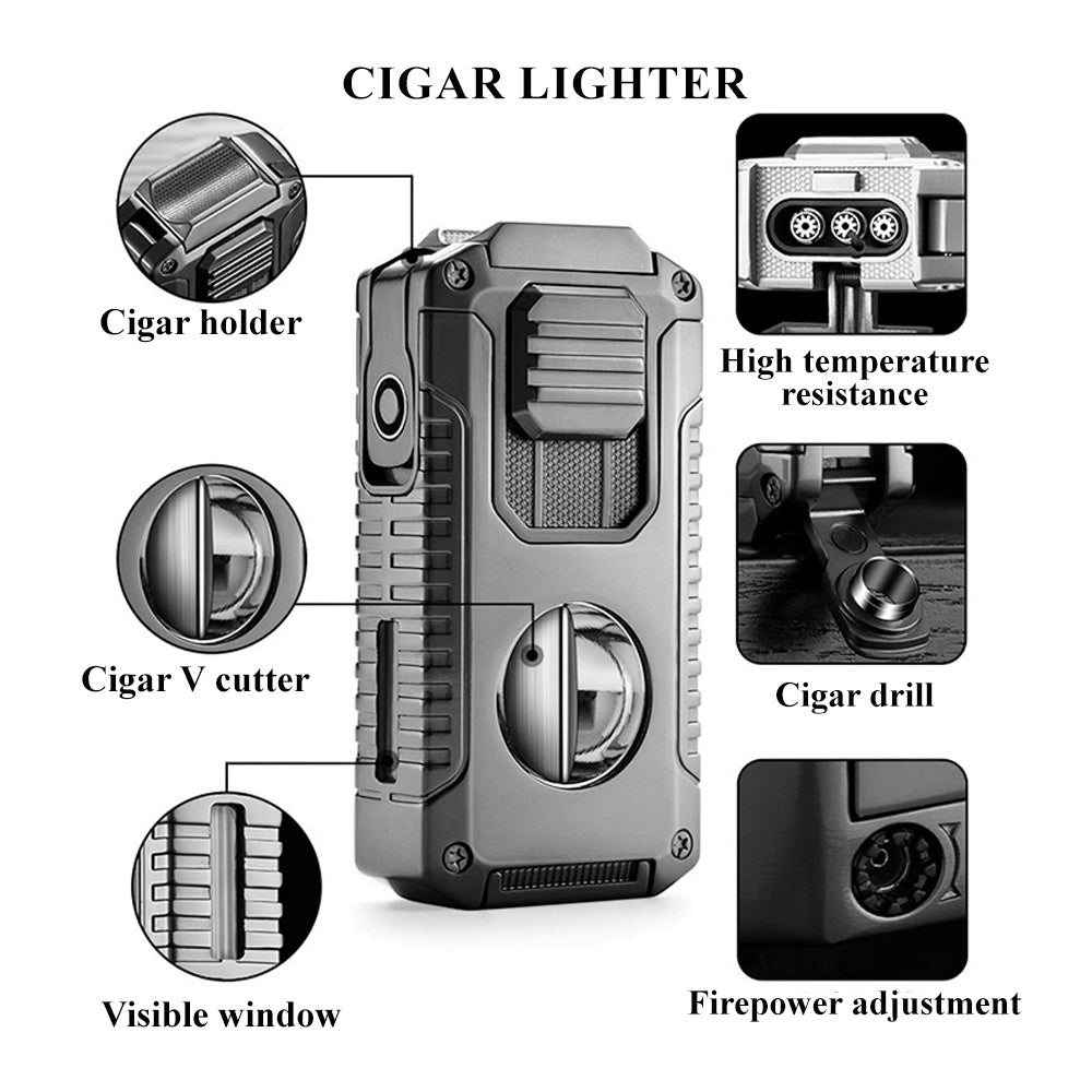 5-in-1 Refillable Butane Triple Jet Flame Cigar Lighter